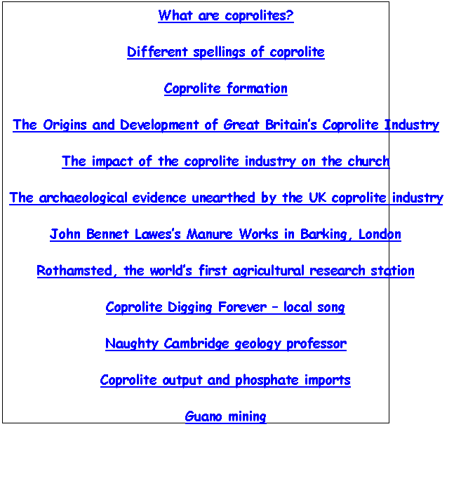 Text Box: What are coprolites?

Different spellings of coprolite

Coprolite formation

The Origins and Development of Great Britains Coprolite Industry

The impact of the coprolite industry on the church

The archaeological evidence unearthed by the UK coprolite industry

John Bennet Lawess Manure Works in Barking, London

Rothamsted, the worlds first agricultural research station 

Coprolite Digging Forever  local song

Naughty Cambridge geology professor

Coprolite output and phosphate imports

Guano mining 



