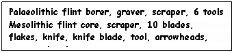 Text Box: Palaeolithic flint borer, graver, scraper, 6 tools
Mesolithic flint core, scraper, 10 blades, flakes, knife, knife blade, tool, arrowheads, axe, axehead,
