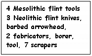 Text Box: 4 Mesolithic flint tools
3 Neolithic flint knives, 
barbed arrowhead, 
2 fabricators, borer, 
tool, 7 scrapers 
and flakes
